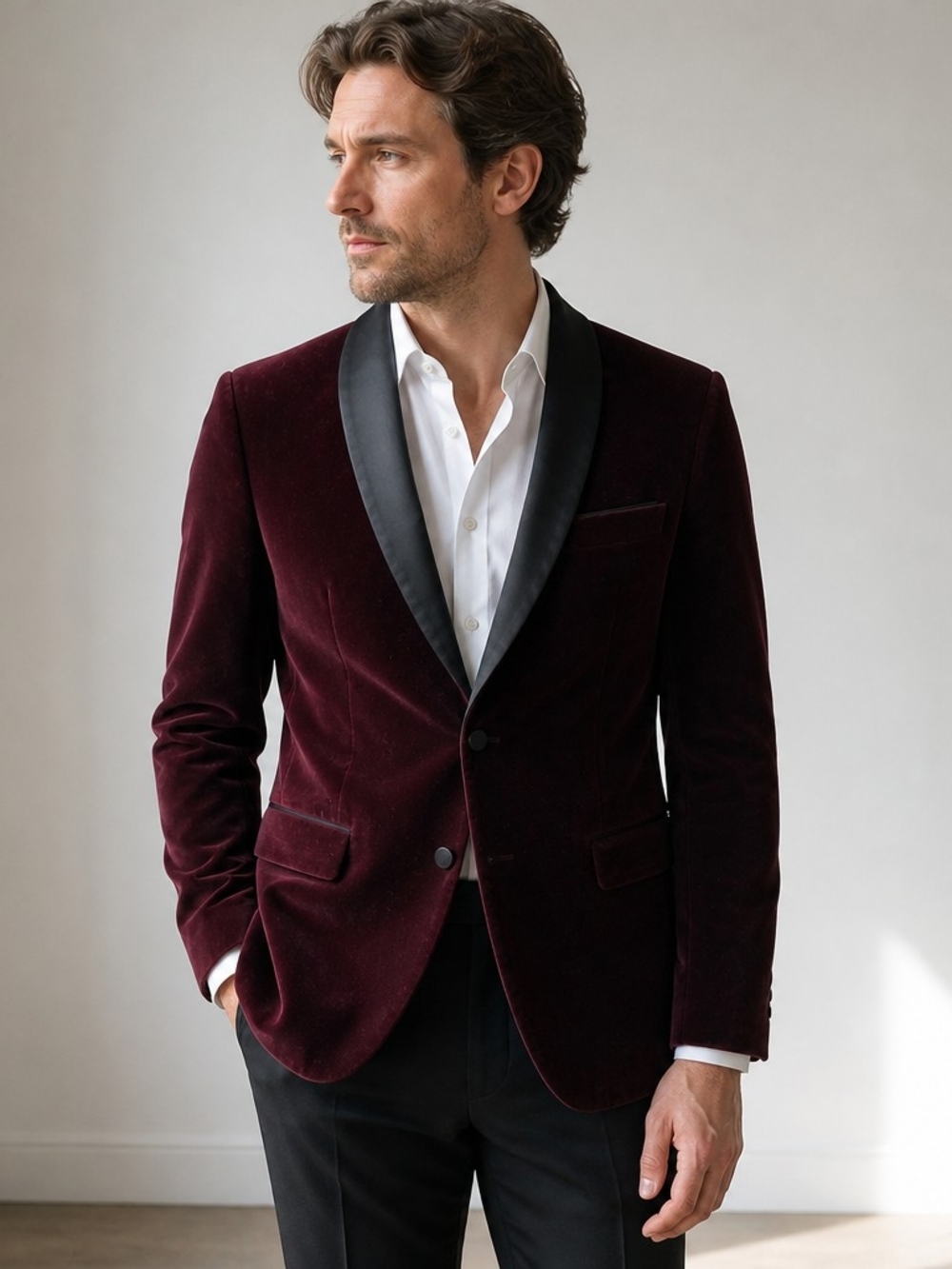 Men's Burgundy Velvet Tuxedo Jacket 44R | Slim Fit | Satin Shawl Lapel | Luxury